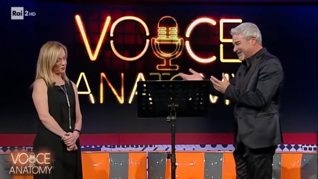 Giorgia Meloni e Pino Insegno insieme a Voice Anatomy