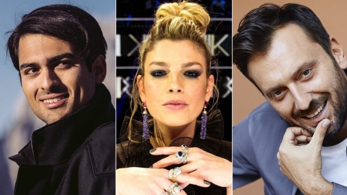 Primi piani di Matteo Bocelli, Emma Marrone e Cesare Cremonini, tre dei cantanti favoriti per la gara di Sanremo 2024