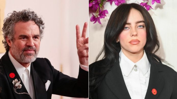 Mark Ruffalo e Billie Eilish agli Oscar 2024 con la spilla rossa di Artists 4 Ceasefire